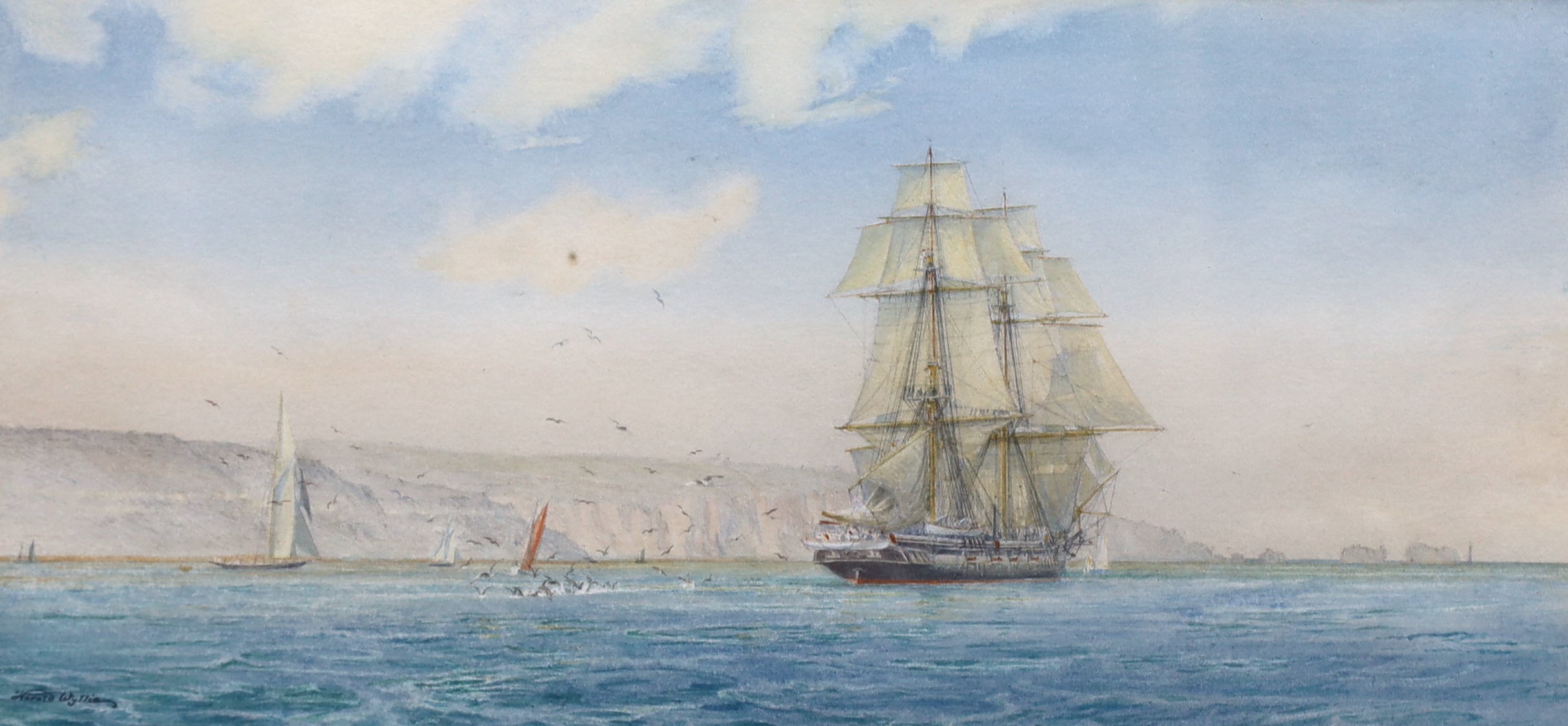 Harold Wyllie (British, 1880-1973) pair of watercolours, 'The building of the Queen Elizabeth at Clydebank 1935, and 'The Brig, Martin sailing through the Needles', signed 17 x 37cm